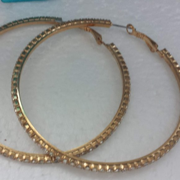 Large Hoop Earrings Rhinestone Gold Statement - Picture 9 of 10